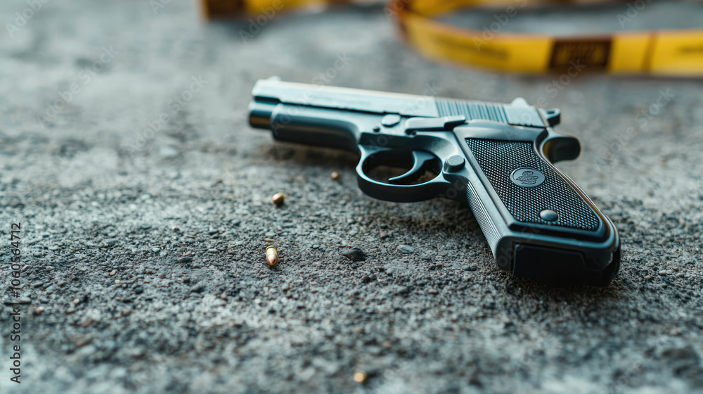 crime scene featuring gun marked as evidence, with bullet casings nearby, evokes sense of tension and urgency. police tape adds to atmosphere of investigation and caution crime scene featuring gun marked as evidence, with bullet casings nearby, evokes sense of tension and urgency. police tape adds to atmosphere of investigation and caution