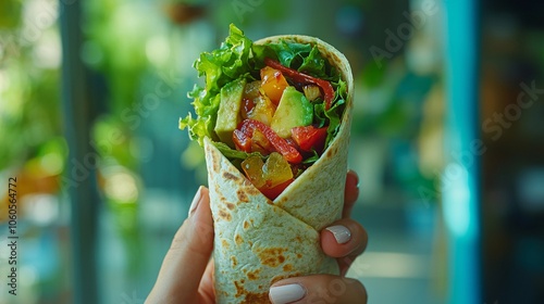 A worm s eye view of a hand holding a vegetable wrap filled with fresh greens, roasted peppers, and avocado. The low angle adds depth and highlights freshness. photo