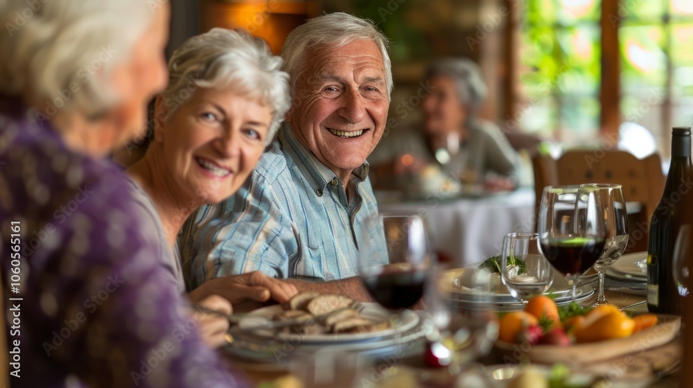 Happy multi-generation family gathering around dining table and having fun during a lunch or dinner on holiday or weekend, senior couple, grandparents, grandmother and grandfather eating Happy multi-generation family gathering around dining table and having fun during a lunch or dinner on holiday or weekend, senior couple, grandparents, grandmother and grandfather eating