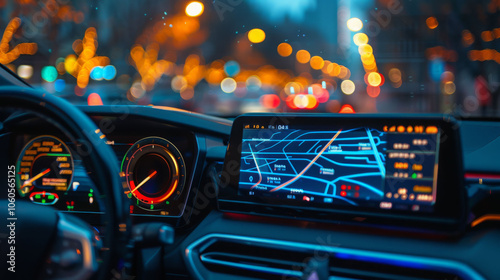 close up view of cars digital display showcasing navigation system, with vibrant city lights in background creating lively atmosphere. dashboard features various gauges and indicators, enhancing photo