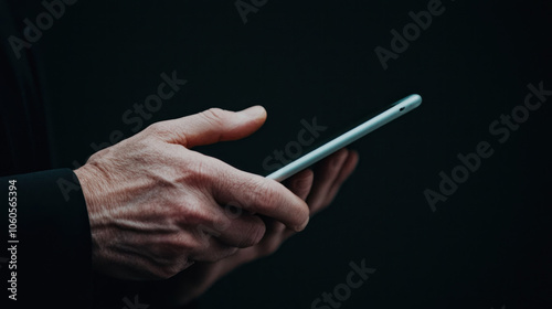 close up view of person hand holding smartphone, showcasing modern technology and communication. dark background emphasizes device