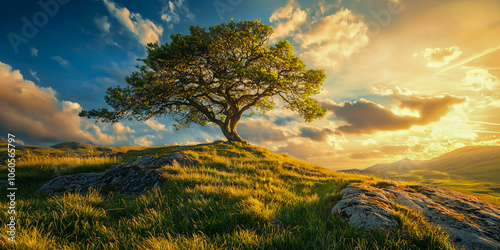 Lonely tree on a meadow in the mountains at sunset photo