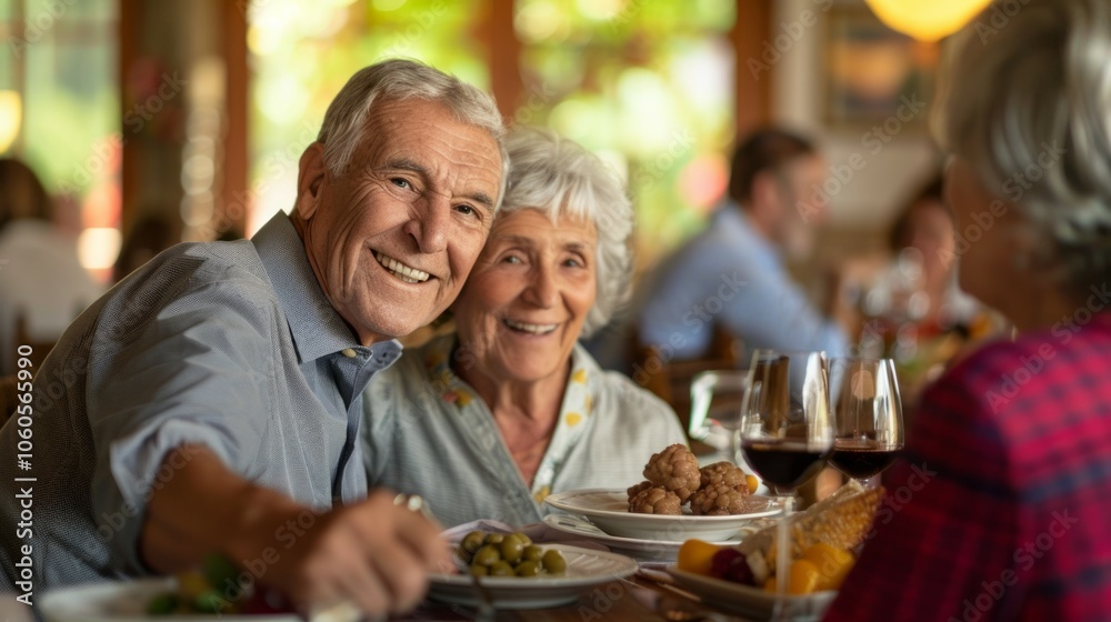 Happy multi-generation family gathering around dining table and having fun during a lunch or dinner on holiday or weekend, senior couple, grandparents, grandmother and grandfather eating Happy multi-generation family gathering around dining table and having fun during a lunch or dinner on holiday or weekend, senior couple, grandparents, grandmother and grandfather eating