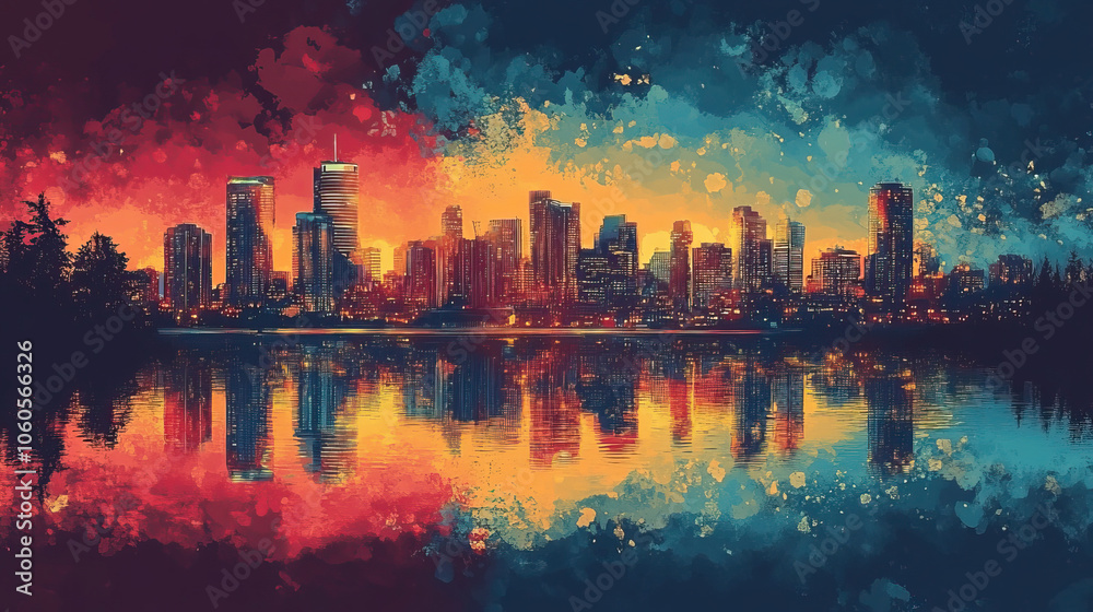 Obraz premium Vancouver, Canada, Pop Art style theme print. Cityscape, city skyline.Vibrant, bright, modern, trendy, graphic designed for poster, card, wallpaper