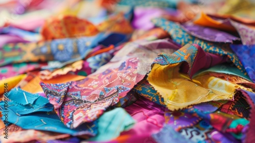 A table covered in colorful scraps of fabric awaiting to be repurposed into a patchwork masterpiece.