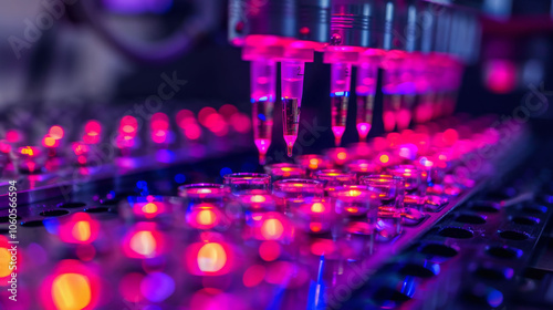 Close up on high throughput screening interface with colorful lights and pipetting action, showcasing advanced laboratory technology and precision in scientific research photo