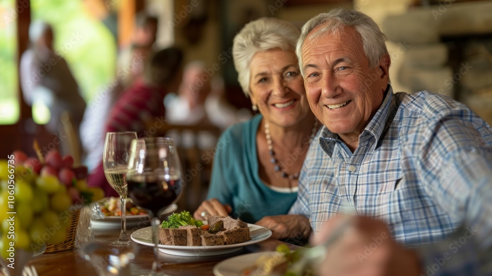 Happy multi-generation family gathering around dining table and having fun during a lunch or dinner on holiday or weekend, senior couple, grandparents, grandmother and grandfather eating Happy multi-generation family gathering around dining table and having fun during a lunch or dinner on holiday or weekend, senior couple, grandparents, grandmother and grandfather eating