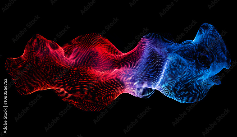 Fototapeta premium 3D render of a red and blue gradient wave made from glowing dots on a black background