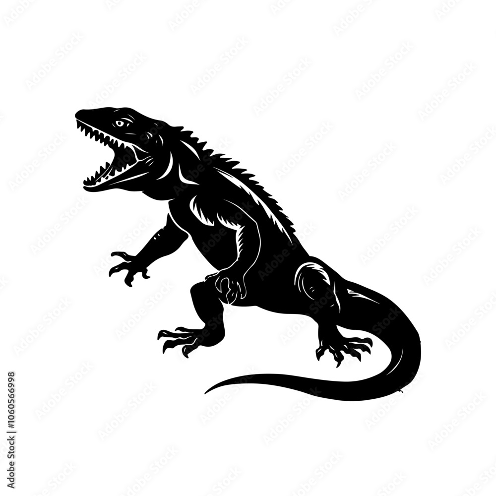 Black isolated silhouette of lizard on white background.