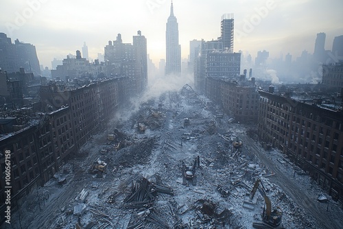 A cityscape in ruins with construction equipment and debris scattered throughout.
