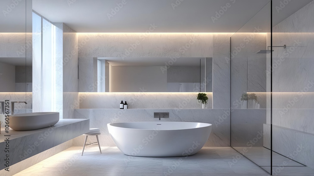 Modern bath retreat, marble textures, soft lighting, calm Modern bath retreat, marble textures, soft lighting, calm
