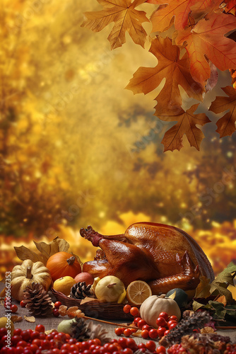 Beautiful fall background with roasted turkey and orange, yellow and red leaves. Seasonal background with autumn design perfect for thanksgiving and fall greeting card photo