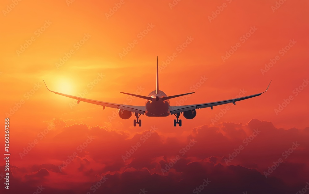 Airplane flying towards a vibrant sunset, creating a striking silhouette against clouds. Airplane flying towards a vibrant sunset, creating a striking silhouette against clouds.