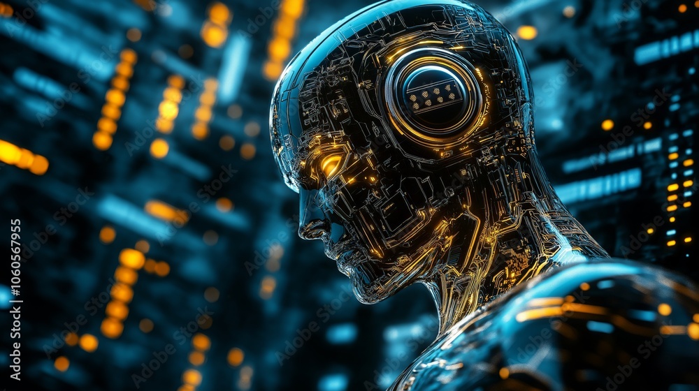 Futuristic android contemplating in server room: artificial intelligence. Futuristic android contemplating in server room: artificial intelligence.