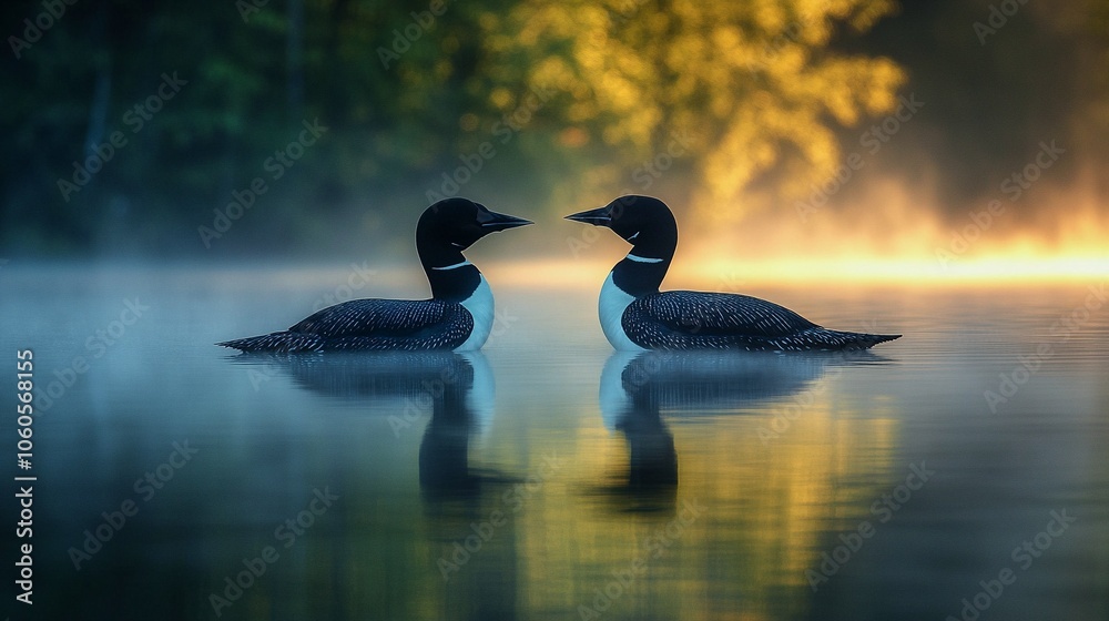 Obraz premium Early Morning Lake with Mist and Loons Calling