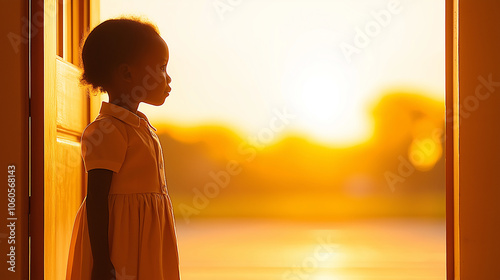 A high-definition photo of a young African girl standing at the open doors of her school on a sunny morning. Sheâs dressed in her uniform, with her hair neatly styled and a bright photo