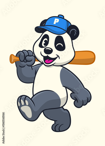 Happy Panda Holding Baseball Bat Mascot