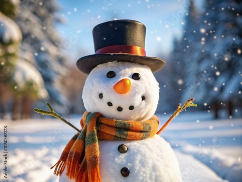 Traditional Snowman with Carrot Nose and Top Hat