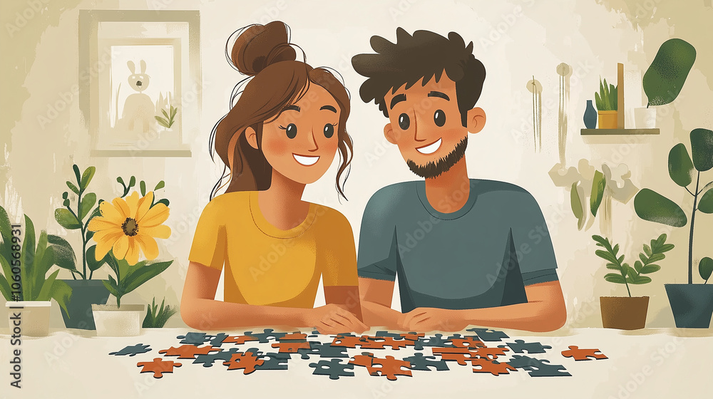 Smiling couple working on a puzzle at home
