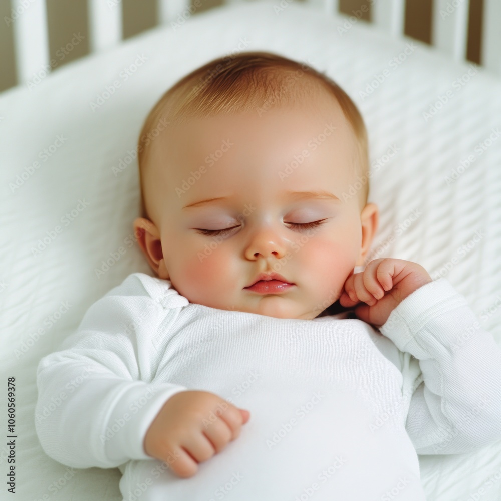 A baby sleeps peacefully in a white crib. A baby sleeps peacefully in a white crib.