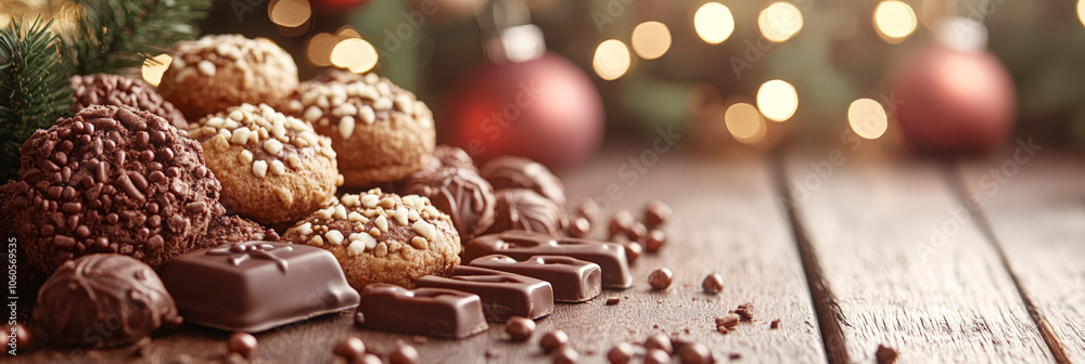 A selection of chocolate and nut cookies on a wooden table, decorated with festive ornaments and warm holiday lights in the background. A selection of chocolate and nut cookies on a wooden table, decorated with festive ornaments and warm holiday lights in the background.