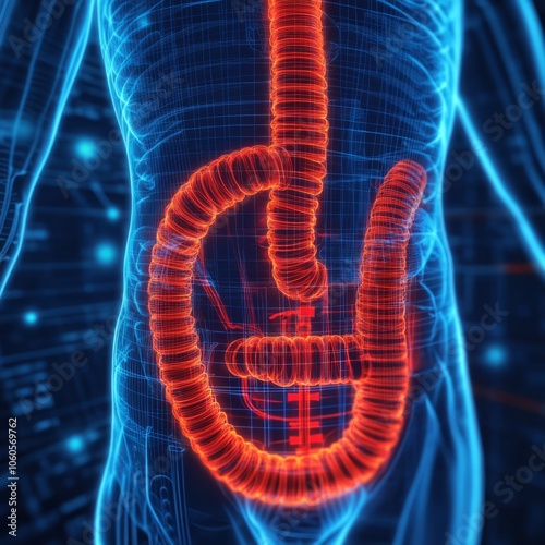 3D rendering of the human digestive system, with the large intestine highlighted in red.