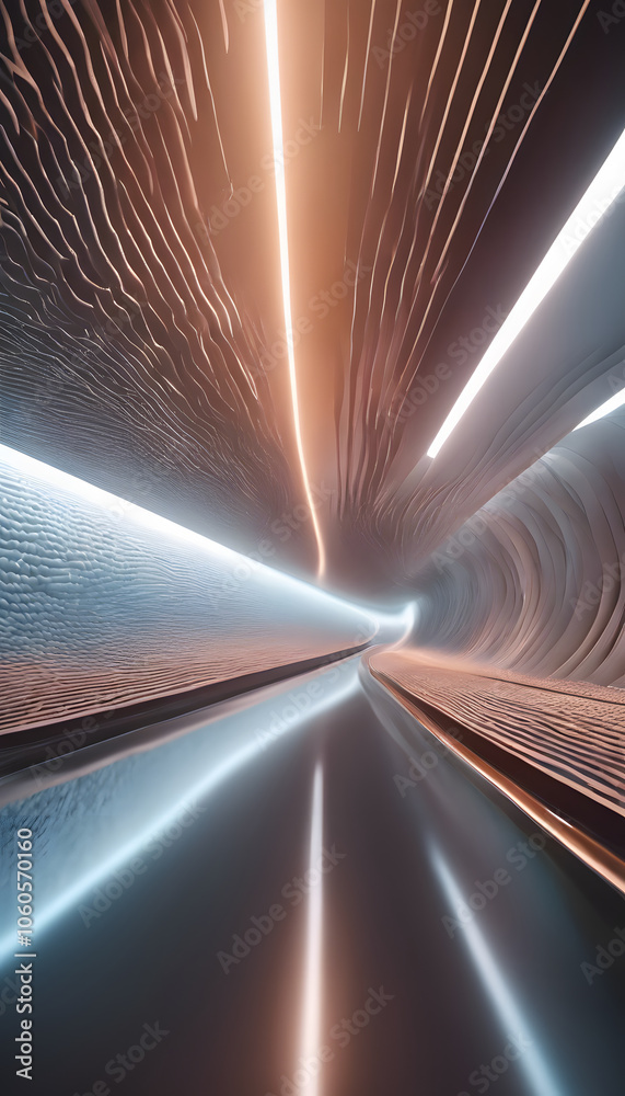 Obraz premium Fantastic organic tunnel with wave details, 3d rendering. A surreal tunnel with smooth, wavy walls leading to a bright light at the end.