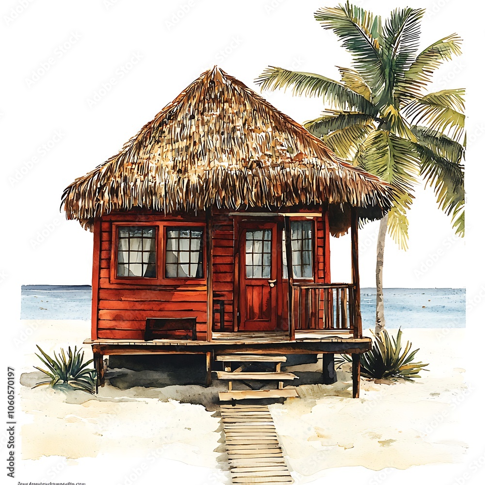 Fototapeta premium Watercolor Illustration of a Tropical Beach Hut with Palm Tree.