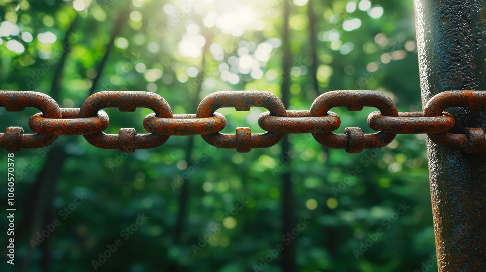 Rusty Chains Against a Green Forest Background Rusty Chains Against a Green Forest Background