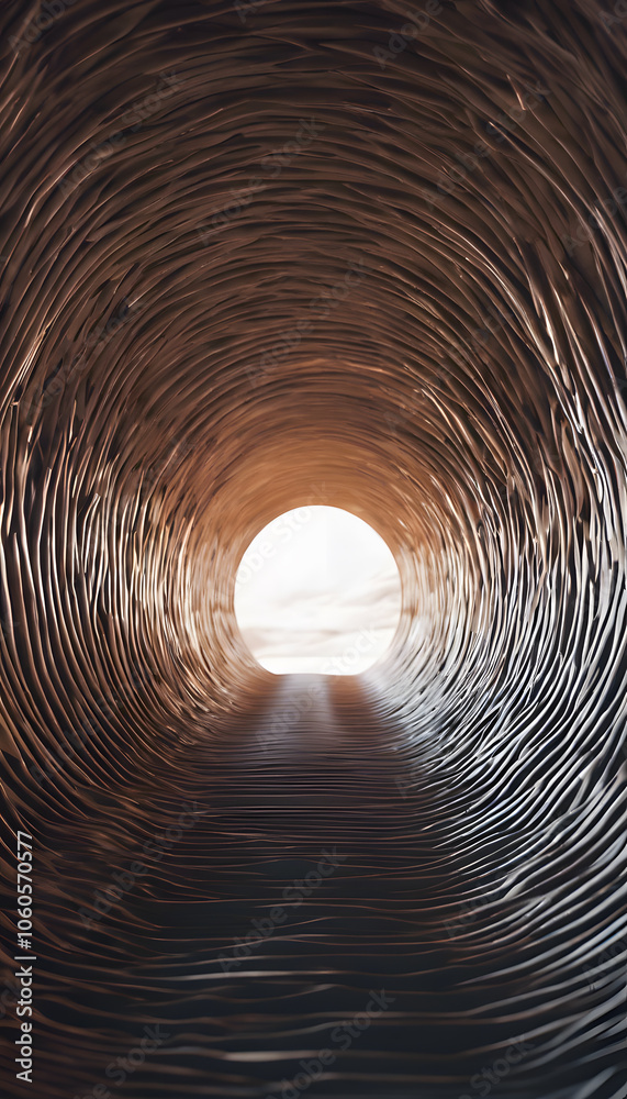 Fototapeta premium Fantastic organic tunnel with wave details, 3d rendering. A surreal tunnel with smooth, wavy walls leading to a bright light at the end.