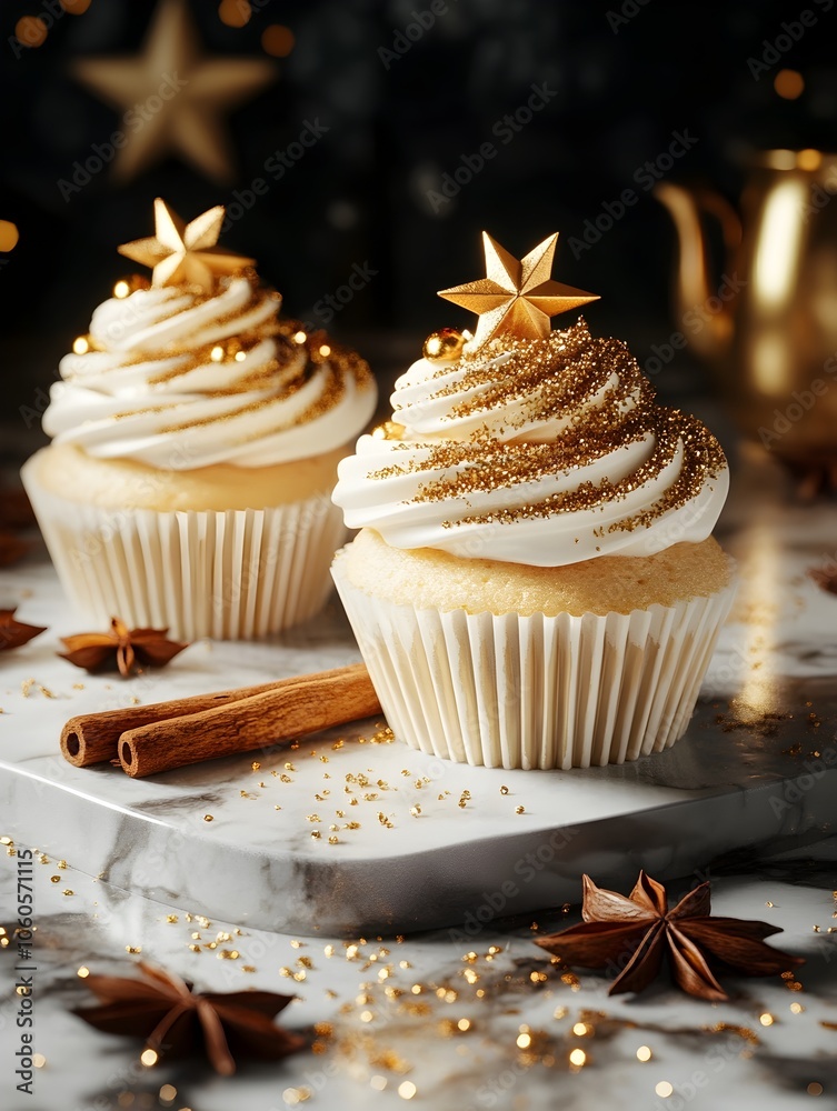 Elegant Gilded Cupcakes Arranged on Marble Display with Cinnamon and Anise Accents Elegant Gilded Cupcakes Arranged on Marble Display with Cinnamon and Anise Accents
