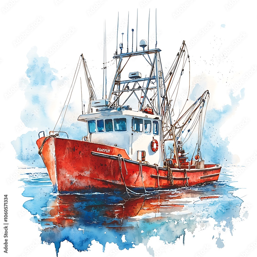 Watercolor Painting of a Red Fishing Boat on the Water. Watercolor Painting of a Red Fishing Boat on the Water.
