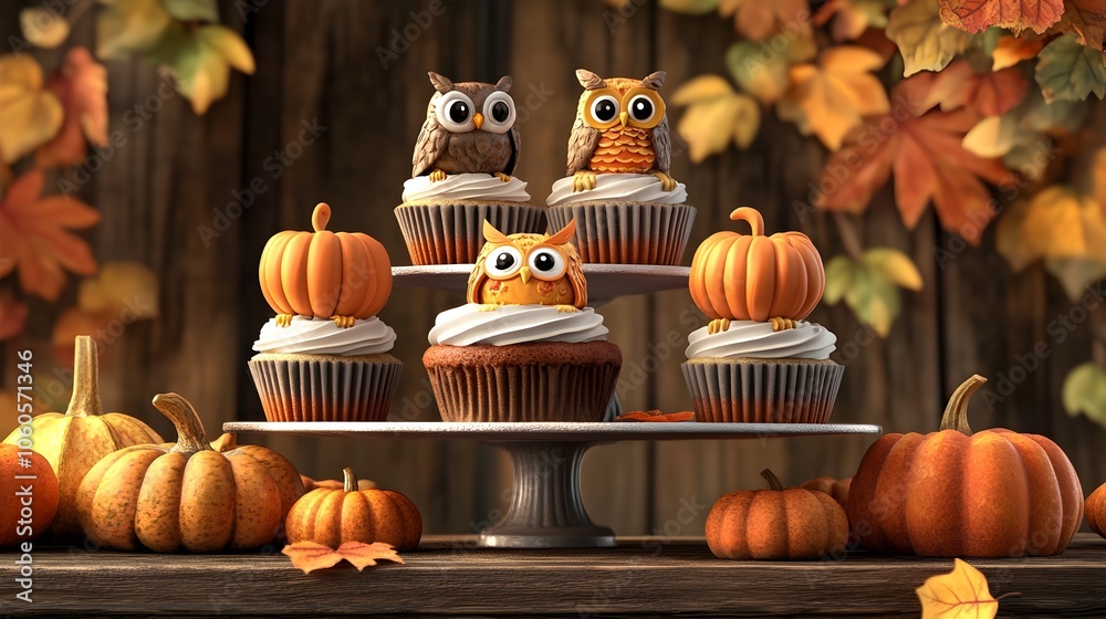 Whimsical Autumn Themed Cupcakes on Tiered Stand with Seasonal Decor