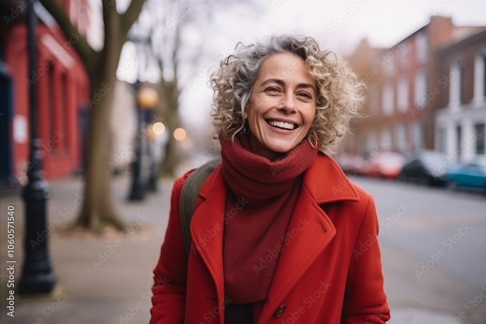 Portrait of a smiling middle-aged woman in a red coat and scarf standing in the street Portrait of a smiling middle-aged woman in a red coat and scarf standing in the street