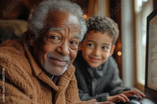 a young boy guides his grandfather through computer basics both smiling in a lightfilled room the atmosphere radiates warmth and connection highlighting the joy of learning together