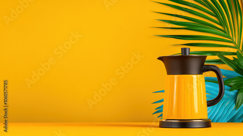 Bright yellow moka pot with tropical leaves on vibrant background