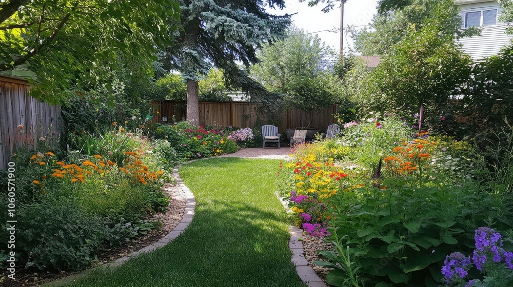 Naklejka premium Beautifully landscaped back garden with a seating area, surrounded by colorful blooms