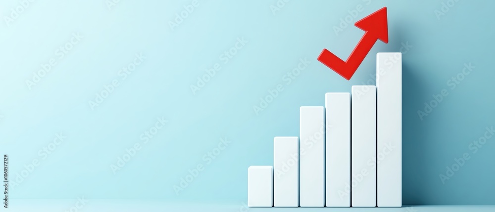 Obraz premium Growth chart with white bars and red arrow, blue background.