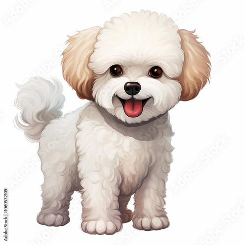 A cute cartoon dog with curly fur happily stands and smiles in a cheerful pose