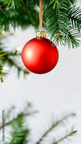 shiny red ornament hangs from a pine branch