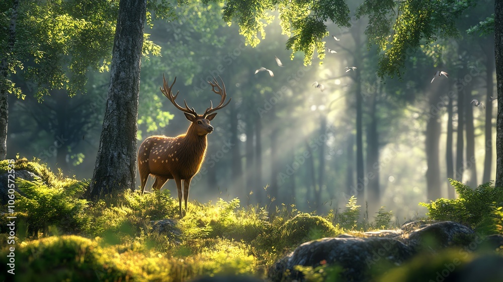 Fototapeta premium Majestic deer standing gracefully in a sunlit forest, surrounded by lush greenery and serene atmosphere.