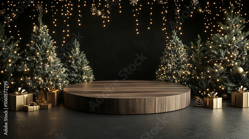 Christmas tree and decoration podium background for product presentation photo