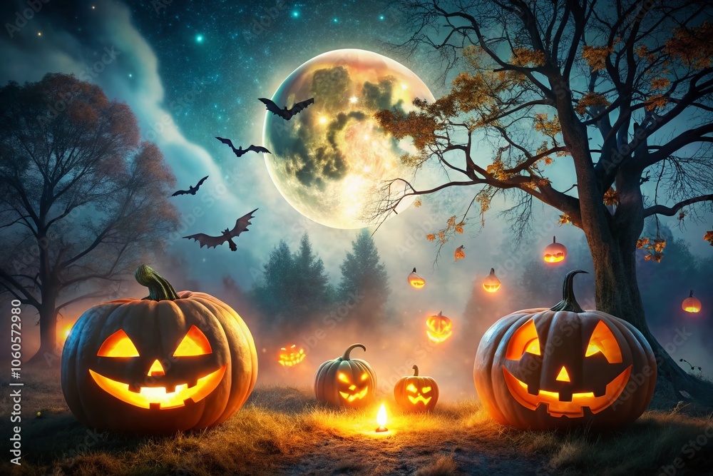 Naklejka premium Halloween Pumpkin Glowing in Spooky Atmosphere with Flying Ghosts at Night - Perfect for Halloween Decor and Seasonal Celebrations
