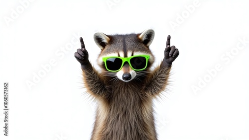 Playful raccoon with sunglasses, humorous and trendy photo