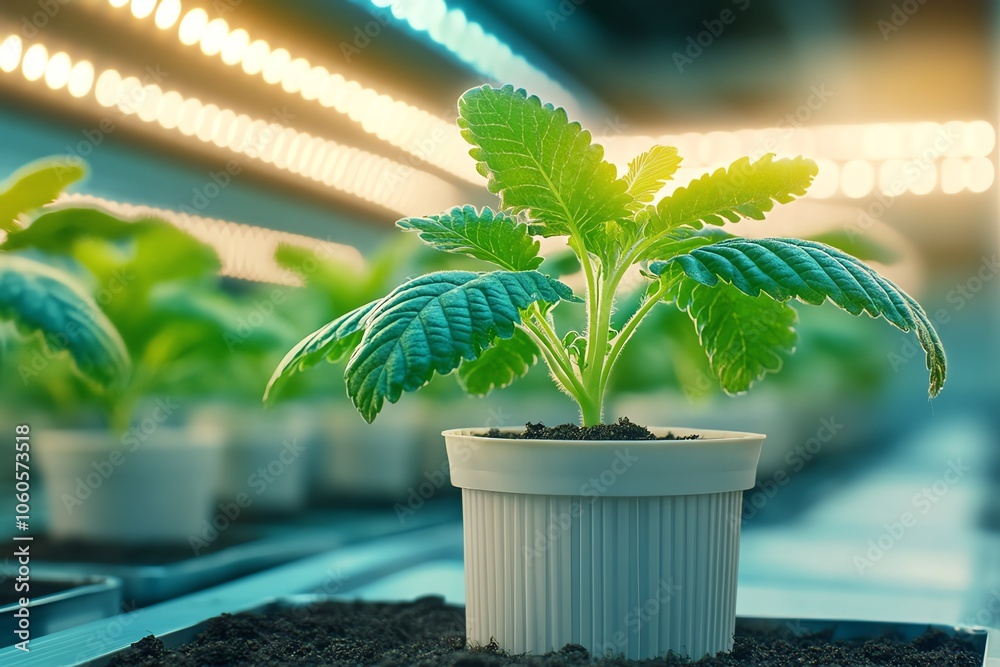 Vibrant green plant growing in a modern indoor garden under artificial ...