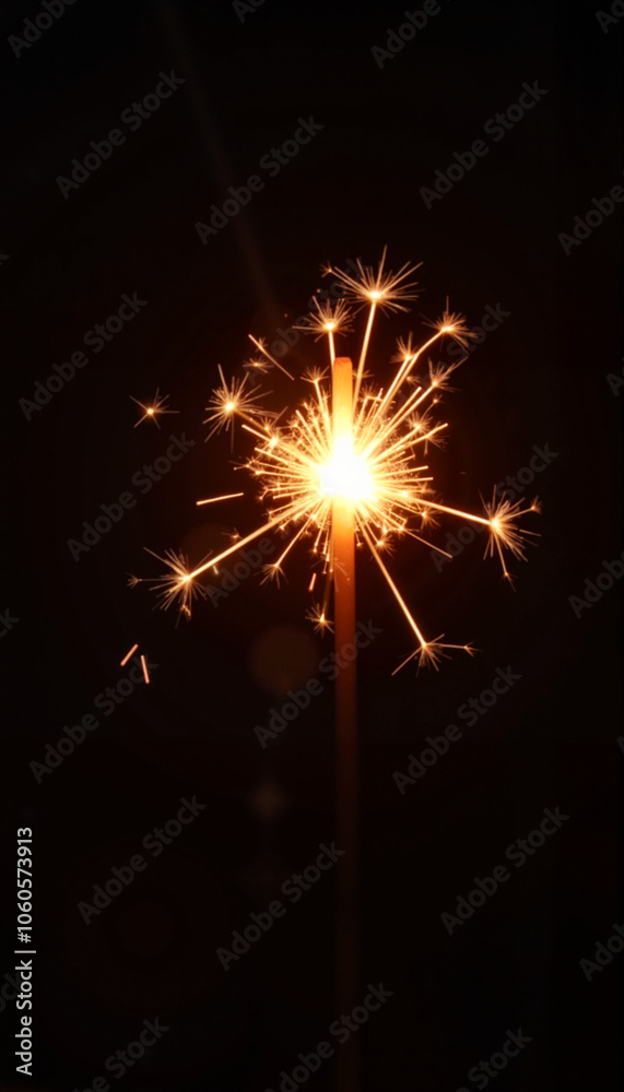 Photorealism, Single lit sparkler, glowing sparks in the air, dark background, bright and dynamic light trails, centered focus with minimal details Photorealism, Single lit sparkler, glowing sparks in the air, dark background, bright and dynamic light trails, centered focus with minimal details