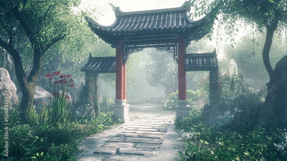 Obraz premium Serene pathway through a tranquil garden with traditional architecture and lush greenery.