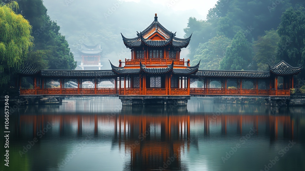 Serene reflection of a traditional Chinese pavilion on tranquil waters surrounded by lush greenery. Serene reflection of a traditional Chinese pavilion on tranquil waters surrounded by lush greenery.