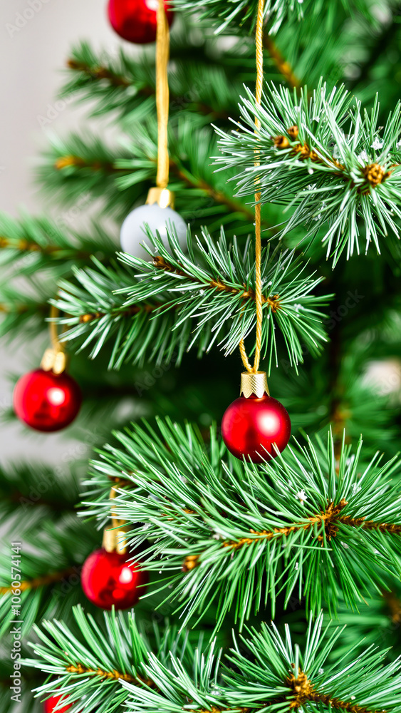 pine tree branch decorated with red silver ornaments pine tree branch decorated with red silver ornaments