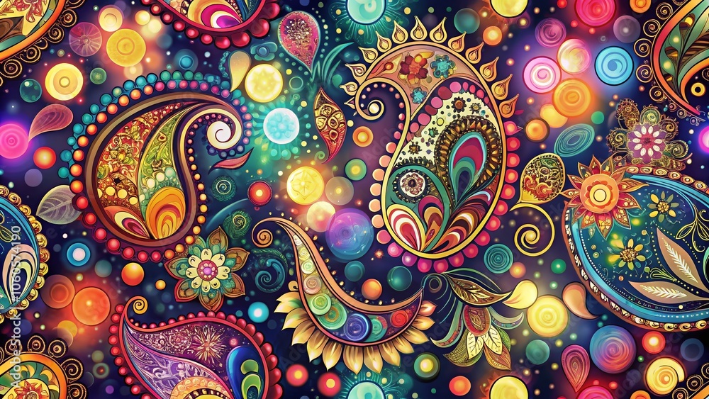 Fototapeta premium HandDrawn Colorful Paisley Seamless Pattern with Bokeh Effect for Boho Fashion and Ethnic Design, Ideal for Shawl Prints and Folk Texture Backgrounds